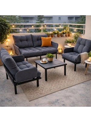 Eportatif Bahçe Takımı Balkon ve Cafe Modüler Metal Koltuk Takımı 2+1+1 Sehpalı Füme 1636