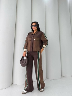 Cemo Kadın Şerit Detaylı Geniş Paça Pantolon ve Ceket Takım