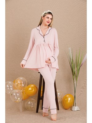 Türen Ceyyiz Pudra  Kadın Lohusa & Hamile 3’lü Sabahlıklı Pijama Takımı