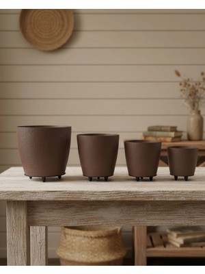 Eco Lounge 4’lü 3D Şık Kahverengi Vazo Seti Modern Ayaklı Saksı