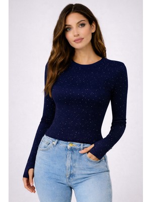 Kadın Taşlı Parmak Detaylı Uzun Kollu Likralı Body ( Ital Kumaş )