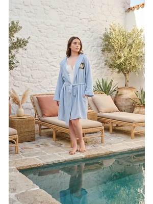 Miespiga Ördek Nakışlı Kısa Kapüşonlu Müslin Kadın Bornoz