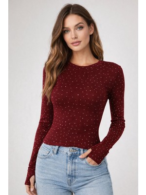 Kadın Taşlı Parmak Detaylı Uzun Kollu Likralı Body ( Ital Kumaş )