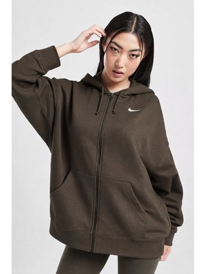 Nike Sportswear Essentials Oversize Fleece Full Zip Hoodie Kadın Oversize Kapüşonlu Sweatshirt Kahverengi