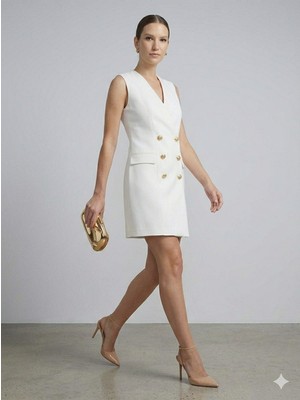 Ekol Önü Süs Düğmeli Elbise 6110