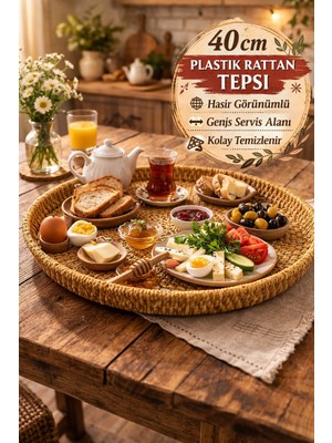 Toyfest Doğal Hasır Görünümlü Plastik Rattan Tepsi Yuvarlak Dekor Servis Tepsisi Sunum Organizer 40 cm