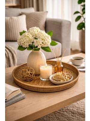Toyfest Doğal Hasır Görünümlü Plastik Rattan Tepsi Yuvarlak Dekor Servis Tepsisi Sunum Organizer 40 cm