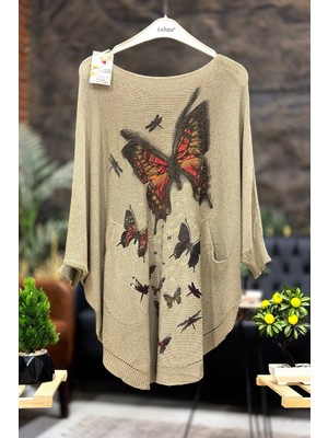 Sahnemoda Kelebek Baskı Yarasa Merserize Cepli Bluz