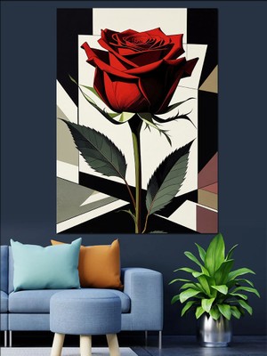 Tablomega Geometrik Kırmızı Gül Tasarımı Dekoratif Kanvas - Mdf Ahşap Tablo