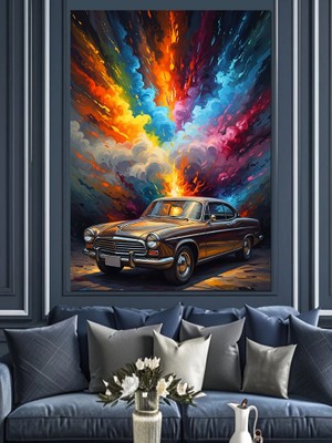 Tablomega Uzay Boşluğunda Renkli Klasik Araba Dekoratif Kanvas - Mdf Ahşap Tablo