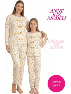 Tarık Kids Homewear Kadın Sarı Civciv Desenli Fiyonk Detaylı Kaşkorse Fitilli Mevsimlik Kumaş Uzun Kol Pijama Takımı-Anne Kız Modeli-Tek Ürün Fiyatı