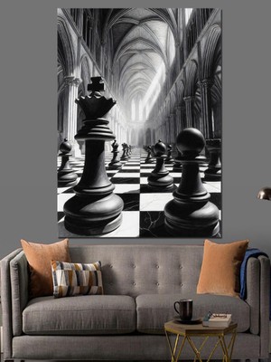 Tablomega Siyah Beyaz Dramatik Satranç Sahnesi Dekoratif Kanvas - Mdf Ahşap Tablo