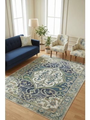 The Reef Design Yeşil Bej Osmanlı Motifli Vintage Eskitme Halı Dijital Baskılı Kaymaz Dekoratif Dijital Salon Halısı