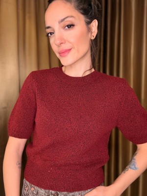 Ali Butik Bordo Pullu Simli Kısa Kol Triko
