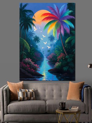 Tablomega Palmiyeler Arasından Akan Egzotik Dere Dekoratif Kanvas - Mdf Ahşap Tablo