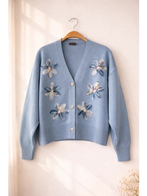 Retrobird Kabartma Aplike Işlemeli Romantik Hırka Kadın Mavi