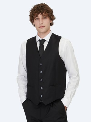 Kip Siyah Slim Fit Klasik Dokuma Yelek