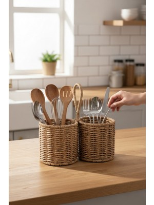 El Örmesi Hasır Çok Amaçlı 2 Bölmeli Kaşıklık, Yağdanlık ve Tezgah Düzenleyici