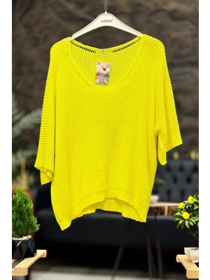 Sahnemoda V Yaka Selanik Örgü Merserize Salaş Oversize Bluz