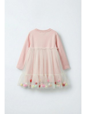 Magu Kız Çocuk Pamuklu Pudra Tüllü Ponpon Detaylı Uzun Kollu Elbise