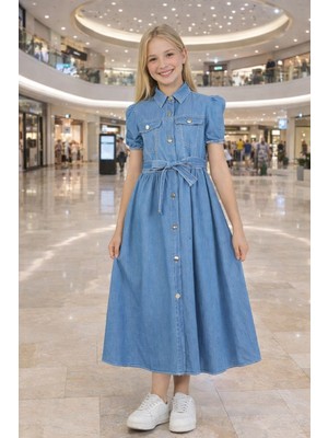 HC Kids Wear 10–15 Yaş Kız Çocuk Kot Elbise Kuşaklı Düğmeli Bayramlık Elbise
