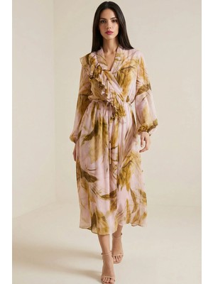 Setre Pembe Yakada Fırfır ve Kol Detaylı Desenli Rahat Kesim Elbise