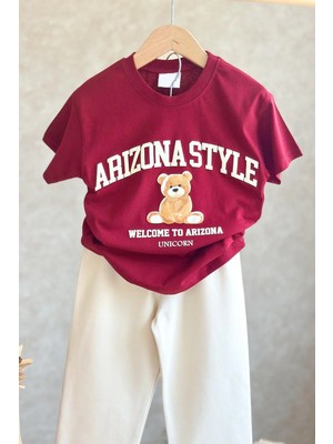 Monila Kız Çocuk Pamuklu Ayıcık Baskılı Bordo T-Shirt ve Ekru Eşofman 2'li Takım