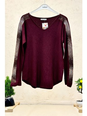 Sahnemoda Düz Desez Kolları Taşlı Angora Bluz