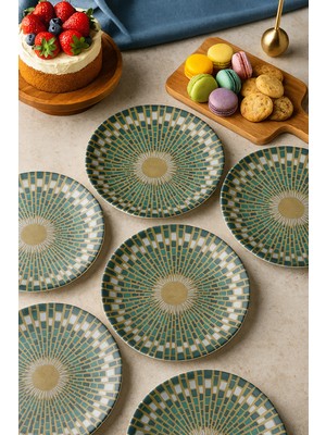 Yeşil Modern Desenli 6'lı 20 cm Pasta ve Tatlı Tabağı Seti