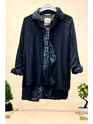 Sahnemoda Leopar Desen Gömlekli Triko Bluz