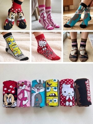 Çizgi Film Karakterli Uzun Soket Çorap Seti – Kadın & Unisex Renkli Desenli Pamuklu Çorap