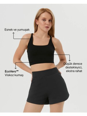 Ayma Active Siyah EcoVero Viskoz, Yüzücü Askılı Kare Yaka Basic Crop Yoga Pilates Spor Sütyeni