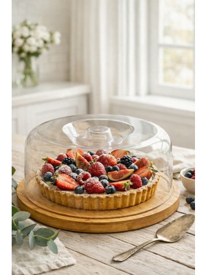 Bambu Tabanlı Şeffaf Kapaklı Kek Fanusu ve Pasta Sunum Standı