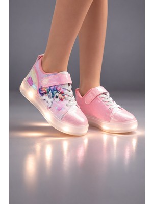 Minibonito Kız Çocuk  Desenli Işıklı LED Tabanlı Simli Cırt Cırtlı Sneaker