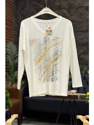 Sahnemoda Dalga Desen Yaldızlı V Yaka Kadife Ithal Bluz