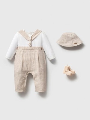 Noynoy Keten Tulumlu Üçlü Set-Kutulu - Ekru - 3 - 6 Ay Ekru