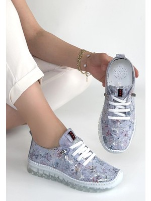 Jiten Lila Desenli Deri Bağcıklı Spor Ayakkabı