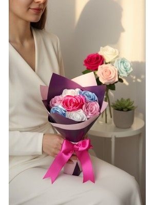 Axwell Koyu Pembe, Beyaz, Açık Pembe, Bebek Mavisi 7li Gül Buketi Kurdeleden Yapay Çiçek El Yapımı