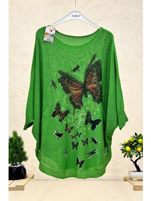 Sahnemoda Kelebek Baskı Yarasa Merserize Cepli Bluz