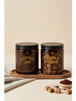 Ahşap Standlı Amber Cam Kahve ve Şeker Kavanozu Seti, Kaşıklı 2'li