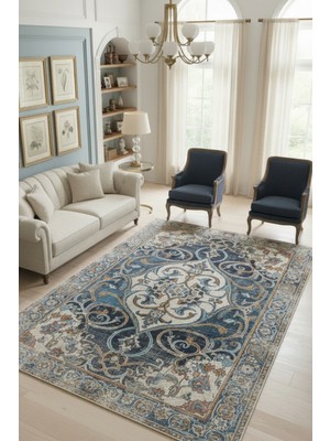 The Reef Design Lacivert Bej Klasik Desenli Salon Halısı Dijital Baskılı Kaymazlı Yıkanabilir Eskitme Vintage Halı