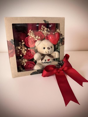 Florivya Design Sevgililer Günü Özel Tasarım Ayıcık ve Gül Detaylı Hediye Kutusu