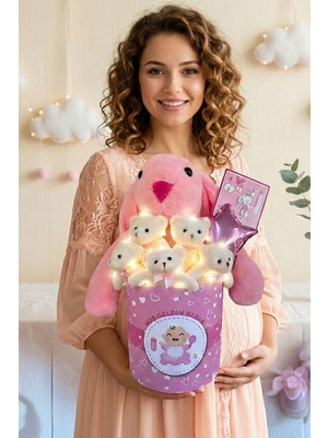 Hoşgeldin Bebek Temalı, Uyku Arkadaşı Tavşan ile  LED Işıklı Yumoş Peluş Ayıcık Buketi, Yenidoğan-Babyshower Özel