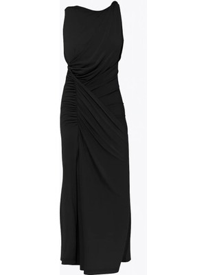 Setre Siyah Kolsuz Asimetrik Büzgü Detaylı Midi Boy Tam Kalıp Elbise