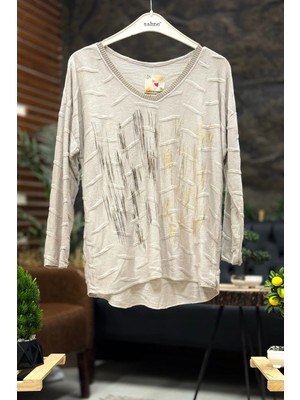 Sahnemoda Batik Çizgi Desen V Yaka Uzun Kol  Ithal Bluz