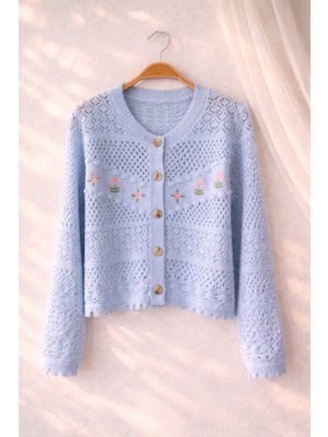 Retrobird Nakış Işlemeli Romantik Hırka Kadın Mavi