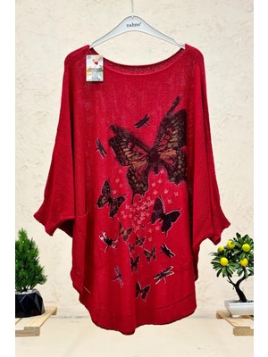 Sahnemoda Kelebek Baskı Yarasa Merserize Cepli Bluz