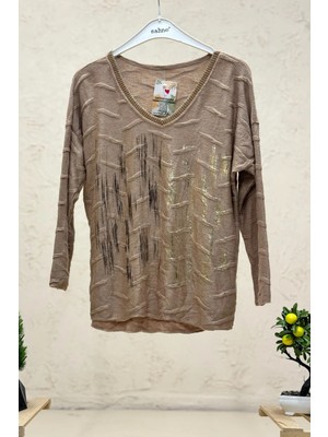 Sahnemoda Batik Çizgi Desen V Yaka Uzun Kol  Ithal Bluz