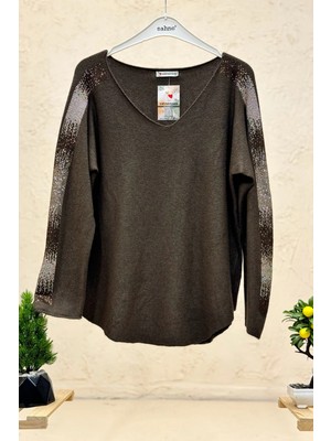 Sahnemoda Düz Desez Kolları Taşlı Angora Bluz