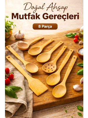 8 Parça Doğal Ahşap Mutfak Servis Seti, El Işçiliği, Anneler Günü Hediyesi